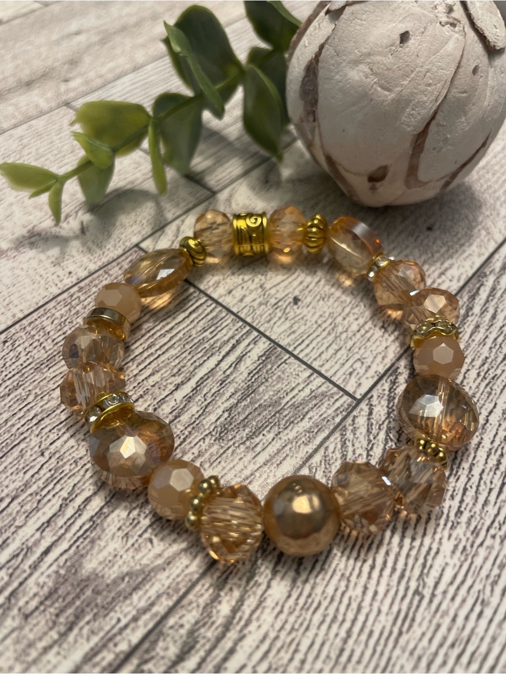 Champagne Crystal and Gold Accented Bracelet 10mm handmade stretch sparkle - Picture 4 of 6